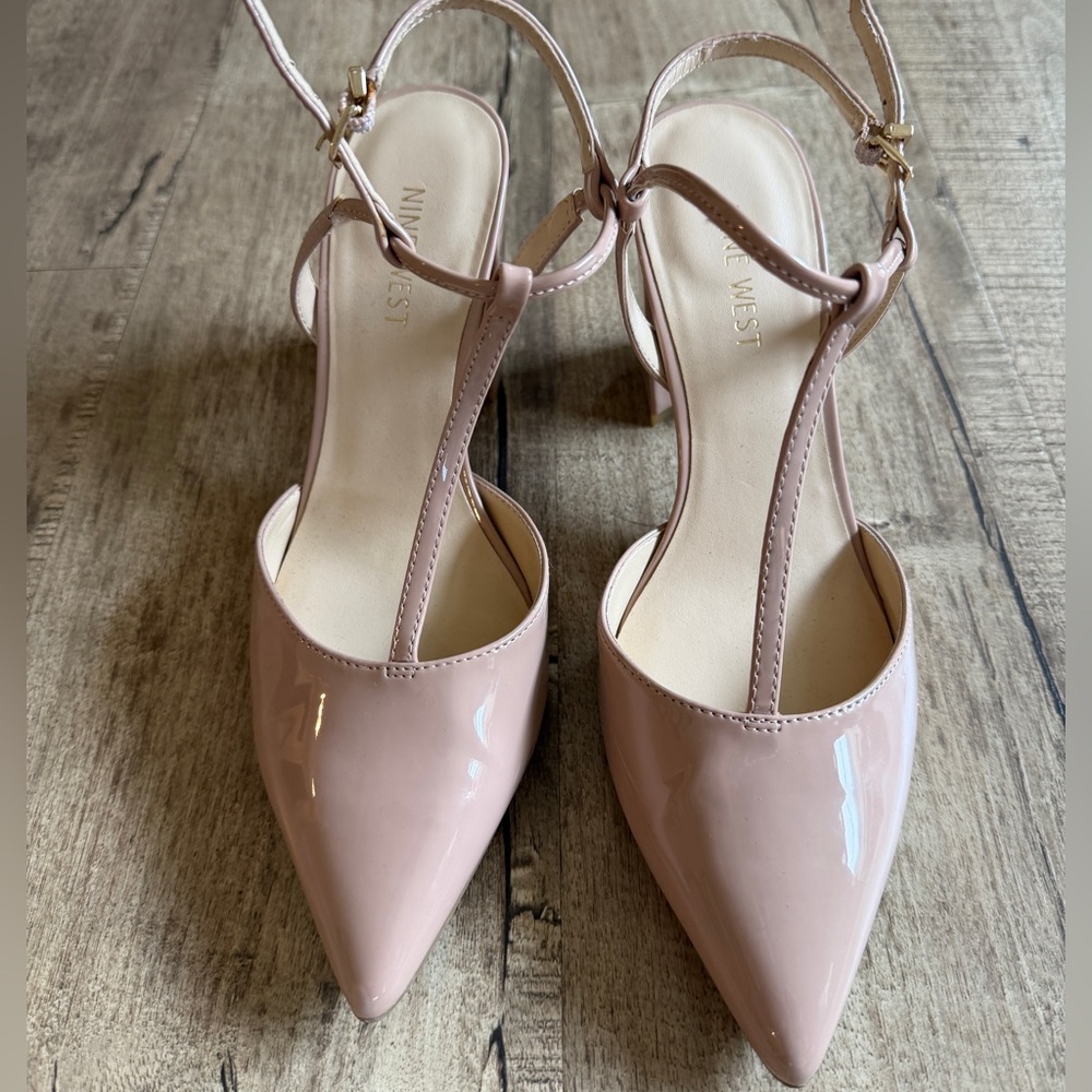 Nine West Rowen T-Strap Pointed Toe Block Heel Slingback Pumps in Nude Patent 8